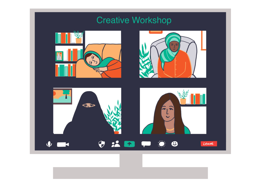 A computer screen showing 4 Muslim women on a video call.
