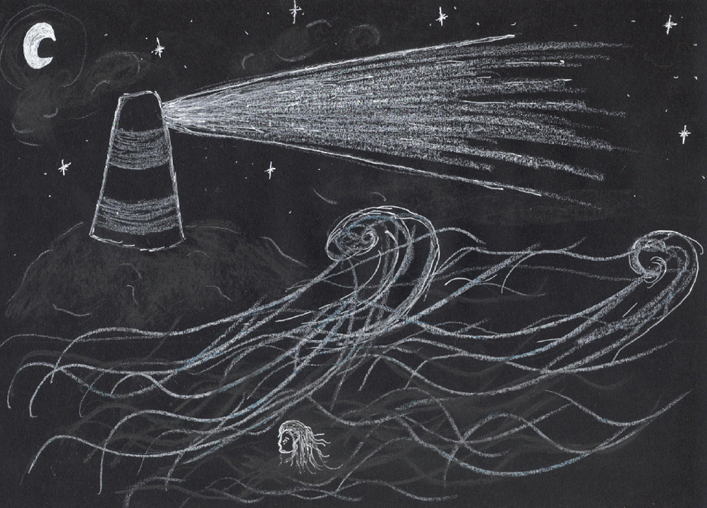 Black and white drawing of figure in the water near a lighthouse.
